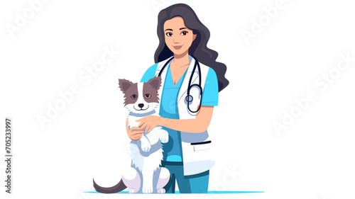 A vet clinic worker, animal doctor with stethoscope and puppy. World Veterinary Day. Isolated on white vector illustration in flat style. Veterinary trying to cure a sick dog. Medical healthcare for p