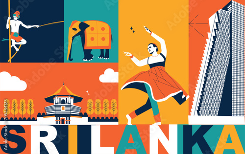 Sri Lanka culture travel set, famous architectures and specialties, flat design. Asia business travel and tourism concept clipart. Image for presentation, banner, website, advert, flyer, roadmap, icon