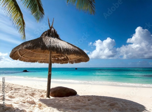 Paradise beach with coconut leaf parasol