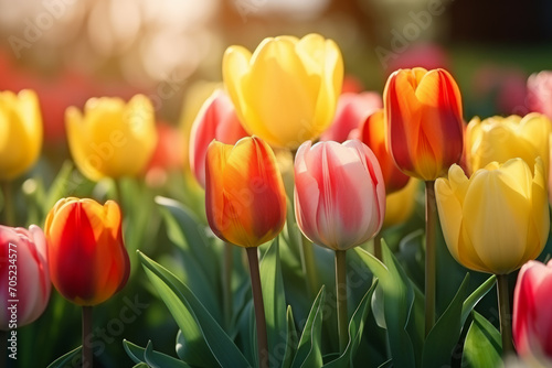 Campo de tulipanes con colores cálidos. #705234577