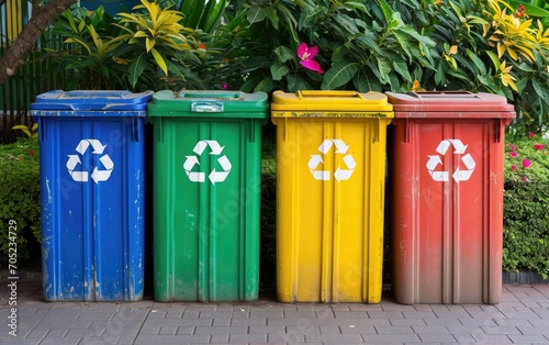 Plastic, glass, metal and paper recycle bins. Trash cans for garbage separation. Recycling concept
