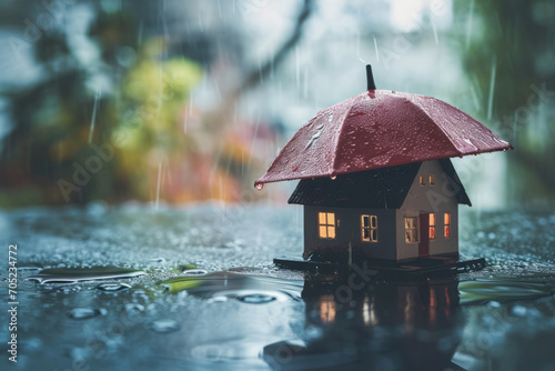 House model standing under umbrella in mud during heavy rain. House insurance and real estate protection concept photo