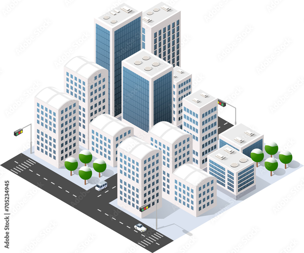 Winter isometric city with streets, skyscrapers, houses and transport