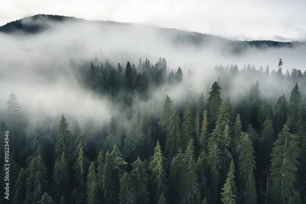 Misty forest landscape with tall fir trees