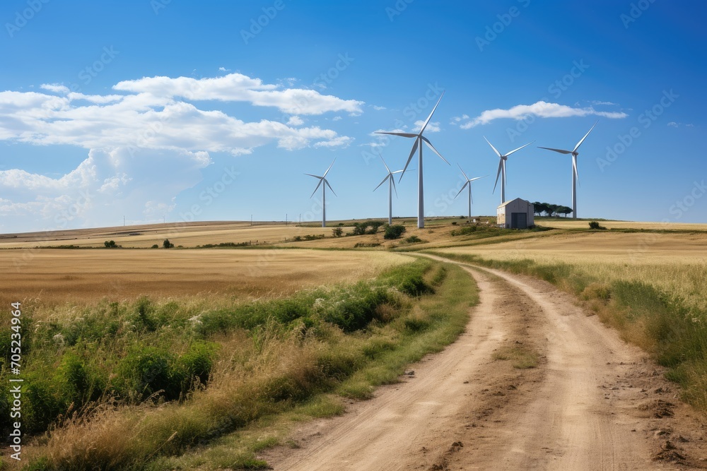 Three wind turbines spin softly, generating energy., generative IA