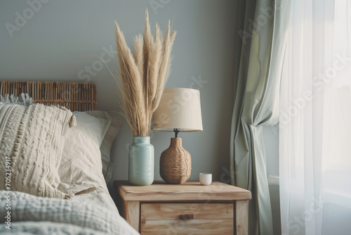 Bedroom interior, nightstand with lamp and home plant near bed. Close up shot of bed headboard with pillows and bedside table. Apartment in scandinavian style photo