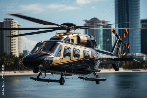 Urban Heliport: Modern helicopter lands between skyscrapers., generative IA photo