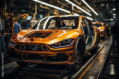 Modern Symphony: Humans and robots ride cars in the automotive production line., generative IA