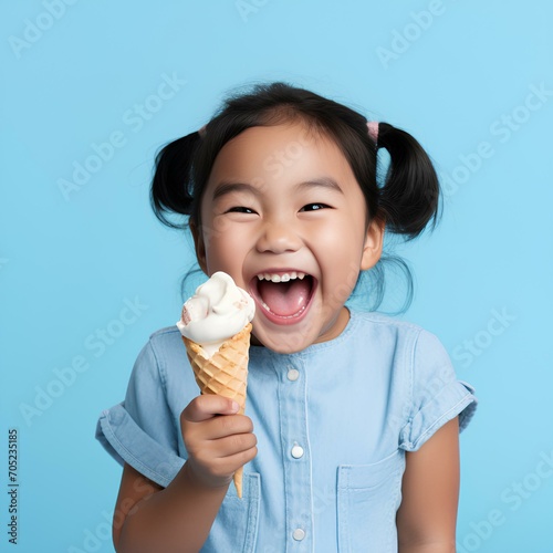 Portrait of laughing asian girl on blue background eating ice-cream  summer banner. Photo generated with AI