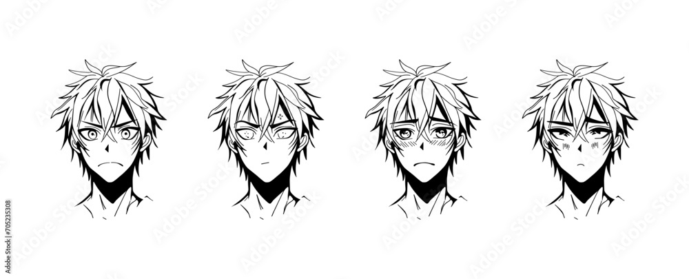 Male anime characters. Cartoon men portraits with different emotion ...