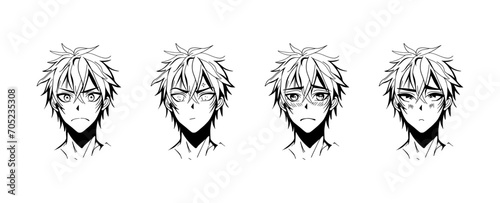 Male anime characters. Cartoon men portraits with different emotion expressions, kawaii japanese faces with big eyes manga style. Vector comic set photo