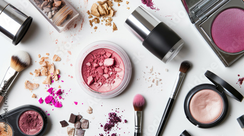Different make-up cosmetics on a white table