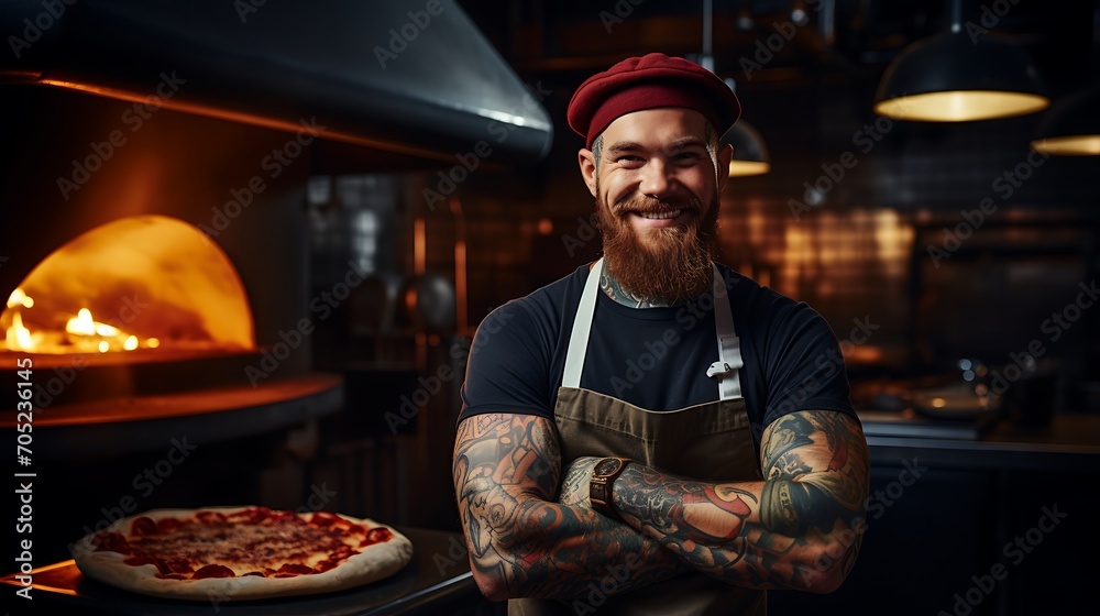 Portrait of a smiling male chef with tattoos on his arms holding a pizza in his kitchen