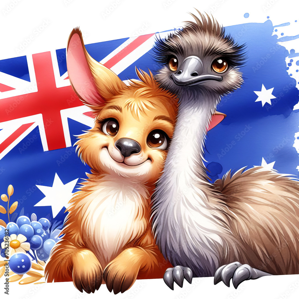 Obraz premium An illustration depicts emu and kangaroo, set against background of the Australian flag, both iconic Australian animals are portrayed with detailed feathers, expressive eyes, and a curious expression