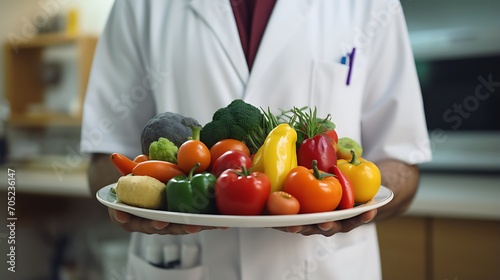 Close-up of a female doctor holding a plate with fresh vegetables
