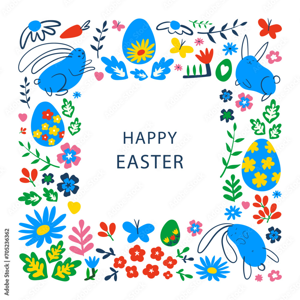 Decorative frame for Easter eggs. Greeting card with Easter eggs, flowers and leaves. Easter egg vector flat hand draw illustration