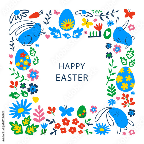 Decorative frame for Easter eggs. Greeting card with Easter eggs  flowers and leaves. Easter egg vector flat hand draw illustration