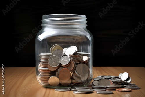 A glass jar filled with pennies and a pile of pennies spilled on the table,