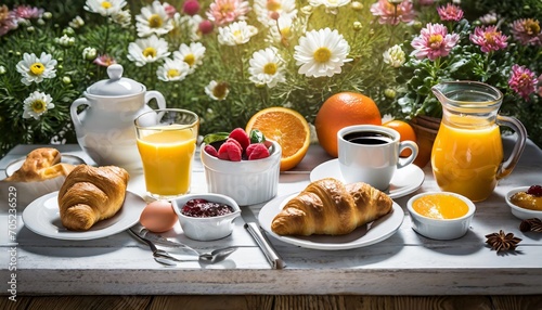 continental breakfast table with coffee orange juice croissants photo