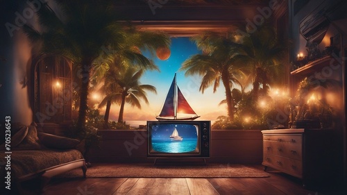 highly intricately detailed photograph of   Sail boat seen through palm trees   inside a plasma tv   photo