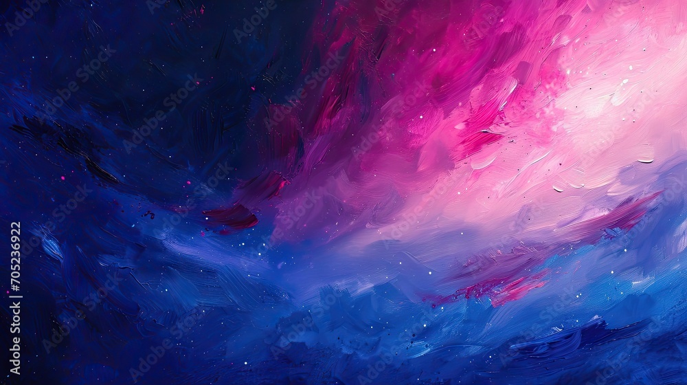 A deep, rich oil painting of a night sky, with a galaxy swirling in shades of pink, purple, and blue.  - obrazy, fototapety, plakaty 