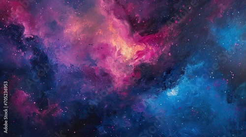 A deep, rich oil painting of a night sky, with a galaxy swirling in shades of pink, purple, and blue. 