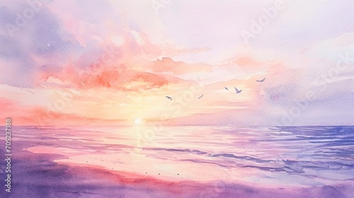 A gentle watercolor painting of a sunset at the beach, with the sky melting into shades of pink and purple.  © Dannchez