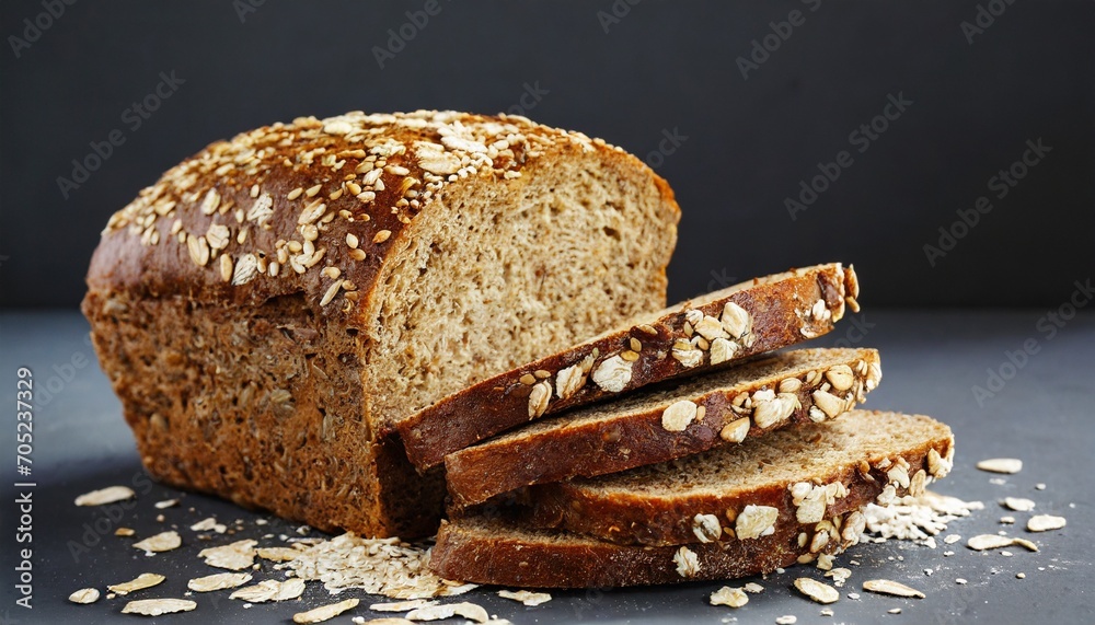 sliced whole grain bread with oat flakes wholemeal bread - obrazy, fototapety, plakaty 