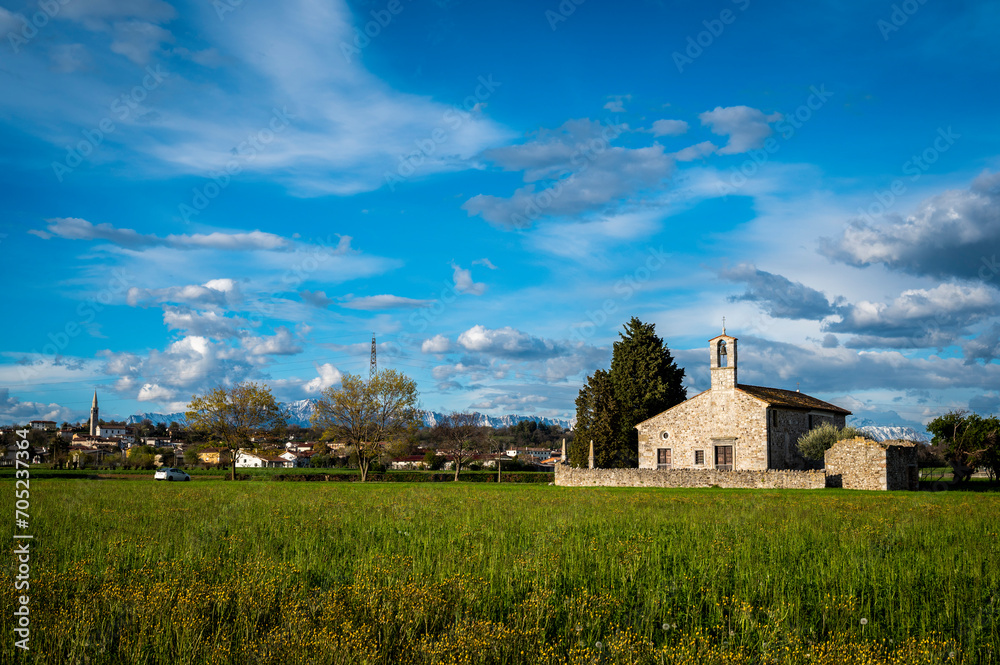 Fototapeta premium San Vito di Fagagna and the morainic hills of Friuli. Tavella Church