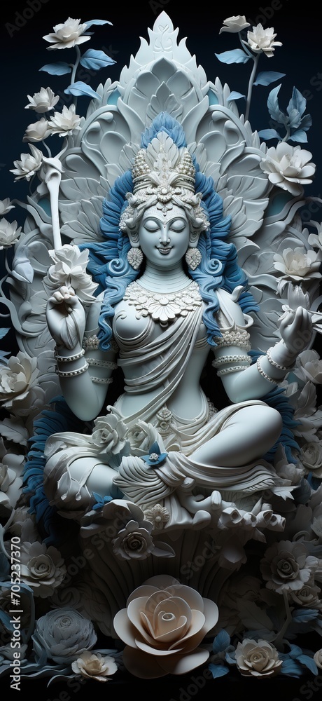 White and blue sculpture of a Hindu goddess