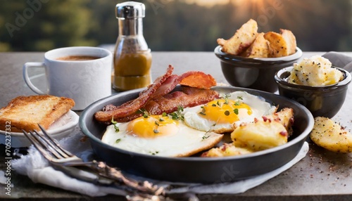 breakfast with eggs bacon and hashbrowns panorama