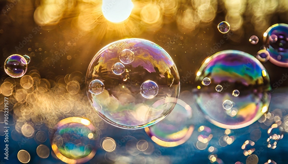 soap bubbles into the sunset with beautiful bokeh close up - obrazy, fototapety, plakaty 