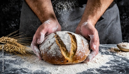 the male hands in flour and rustic organic loaf of bread photo
