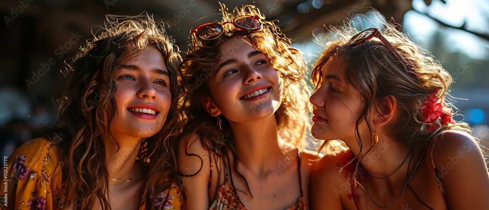 Happy wonderful girls posing in summer vibe. Girl power concept