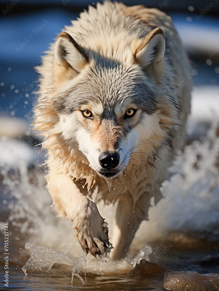 A wolf is running in the water