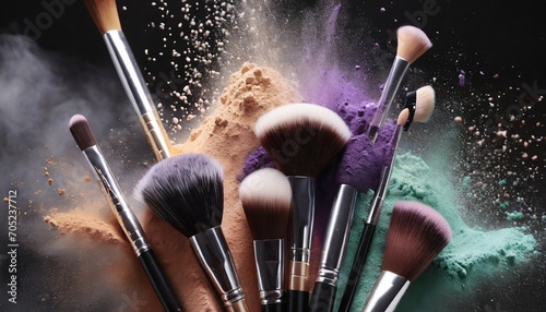 cosmetic brushes and explosion colorful powders photo
