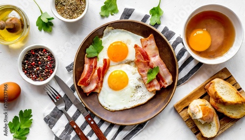 fried eggs and bacon for breakfast on white background top view