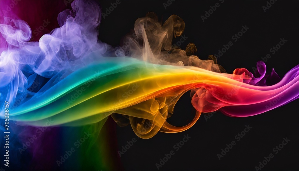 colorful rainbow colored smoke banner on dark black wide panorama background beautiful party concept magical glow abstract banner color drop with copy space - obrazy, fototapety, plakaty 