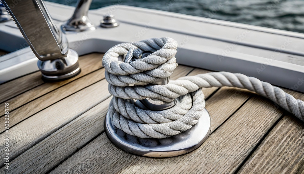 detail image of yacht rope cleat on sailboat deck - obrazy, fototapety, plakaty 