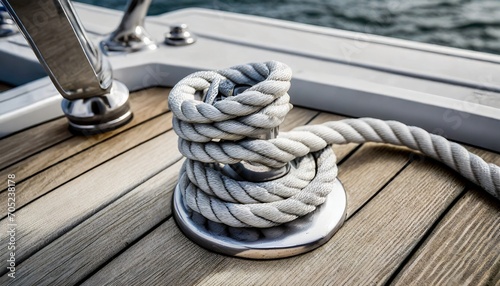 detail image of yacht rope cleat on sailboat deck