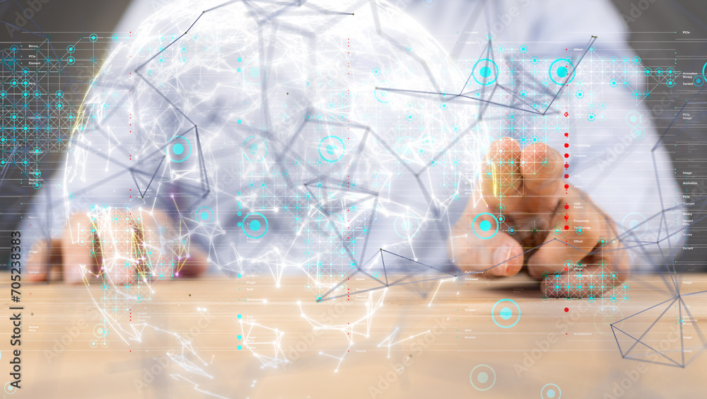 Obraz premium Neural network 3D illustration. Big data and cybersecurity - neural network exposure digital