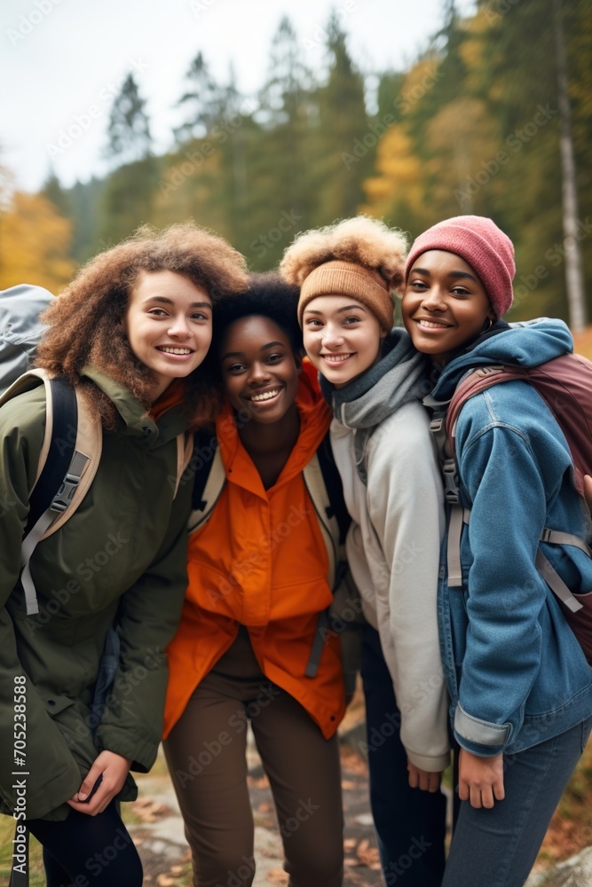Four happy diverse women posing for a picture while hiking in the mountains Four happy diverse women posing for a picture while hiking in the mountains