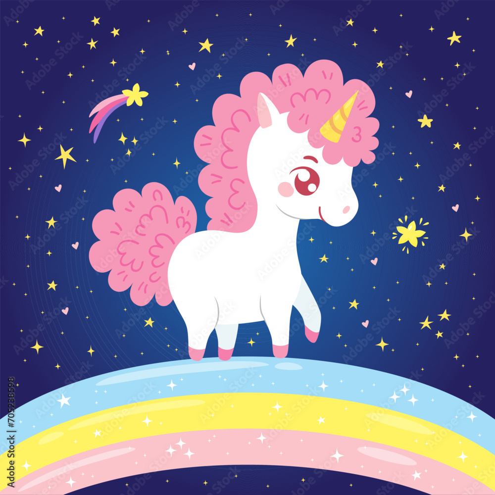 Cute little unicorn standing on the rainbow on the background of the night starry sky. Charming fantasy animal character in hand-drawn cartoon style. Vector illustration for greeting card, poster