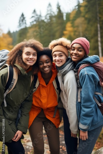 Four happy diverse women posing for a picture while hiking in the mountains