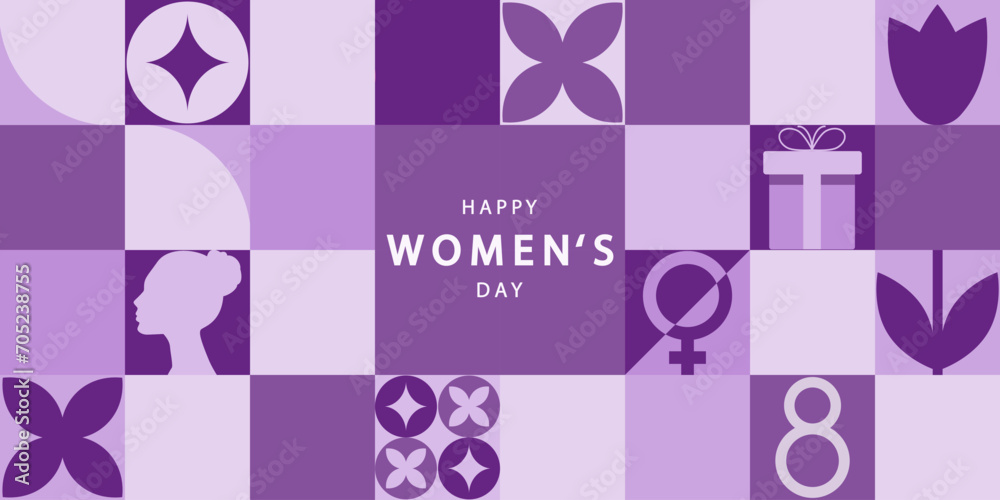 Happy Women's Day vector background. Horizontal poster,flyer, invitation, brochure, discount with a flower and female faces . 8 march purple card. International Women's Day.
