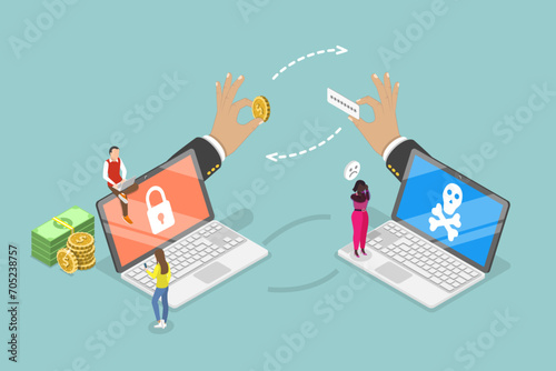 3D Isometric Flat Vector Illustration of Ransomware Data Leaking, Cyber Criminal Stealing Personal Data