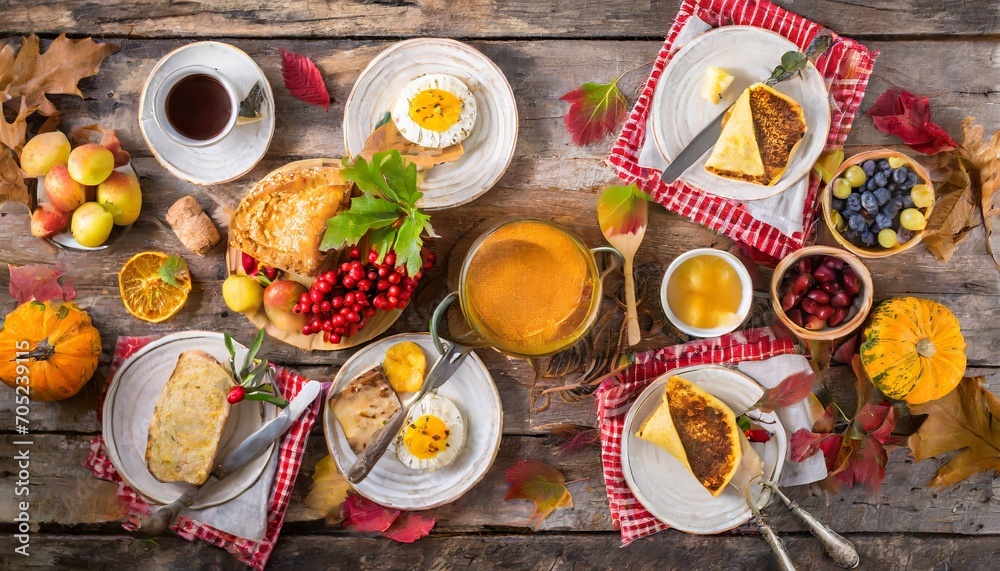 thanksgiving brunch autumn family breakfast or brunch set served on rustic wooden table overhead view copy space - obrazy, fototapety, plakaty 