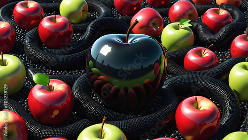 3d rendered illustration of King Apple in Black colour with shiny and reflective skin kept with other ordinary apples of red and green colour photo