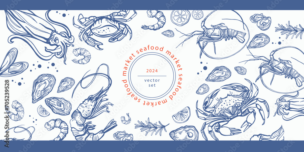 Isolated vector set of seafood. Shrimps, langoustines, prawns, salmon, trout, oysters, mussels, squid, crab, lemon.Hand-drawn seafood delicacy, restaurant and marine cafe menu. - obrazy, fototapety, plakaty 
