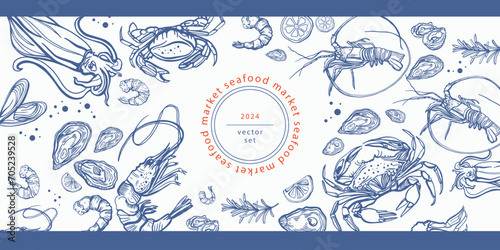 Isolated vector set of seafood. Shrimps, langoustines, prawns, salmon, trout, oysters, mussels, squid, crab, lemon.Hand-drawn seafood delicacy, restaurant and marine cafe menu. photo